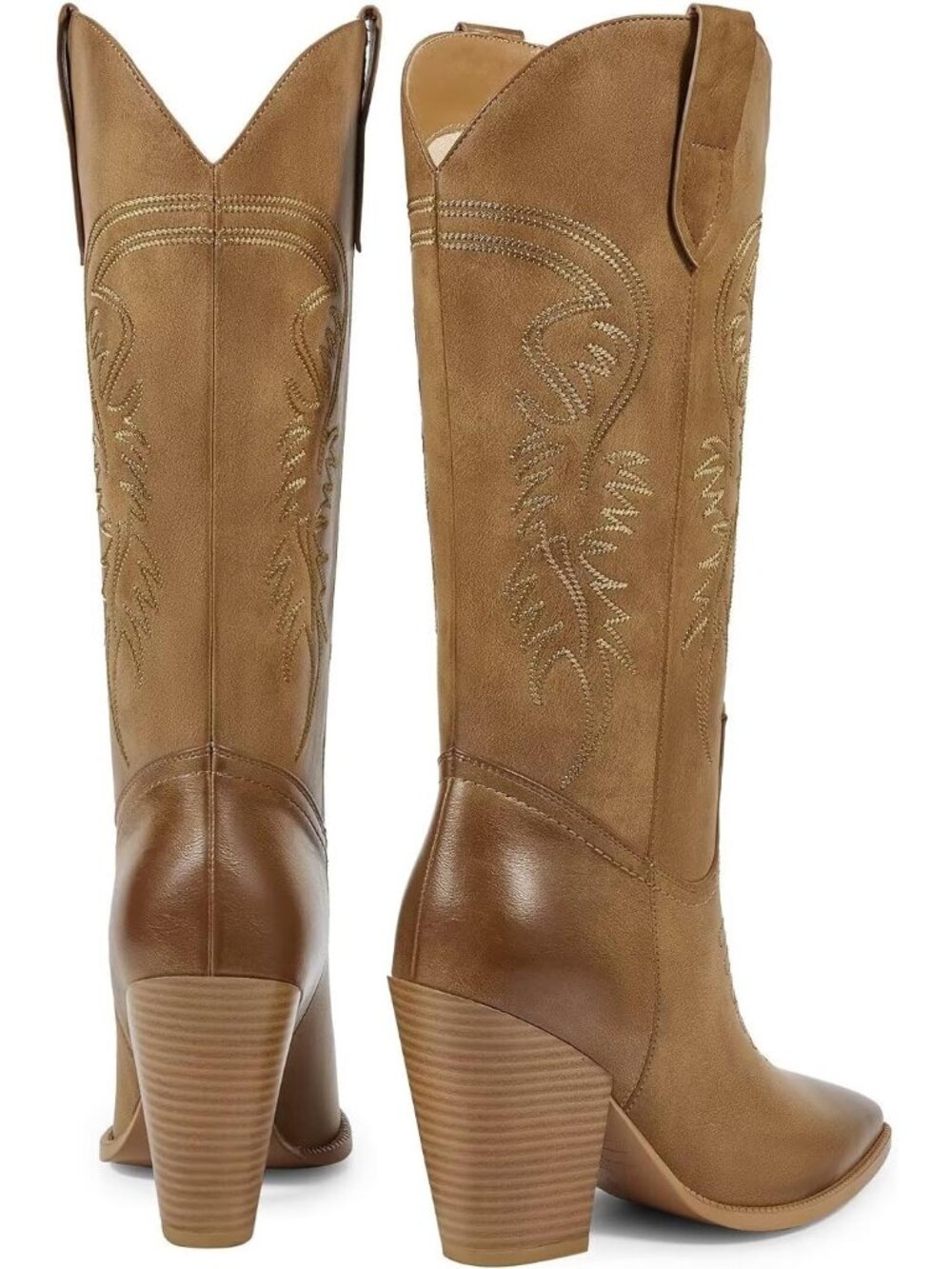 Women's Light Brown Leather Cowgirl Boots Pointed Toe Chunky Heel Western Boots - Picture 6 of 7
